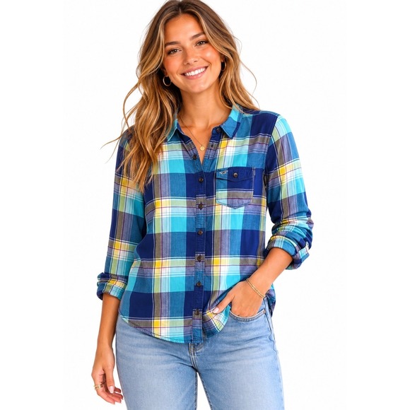 Hollister Tops - Hollister Blue Teal Yellow Plaid Button Down Cotton Shirt M